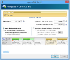 Showing the options for resizing volumes in Acronis Disk Director